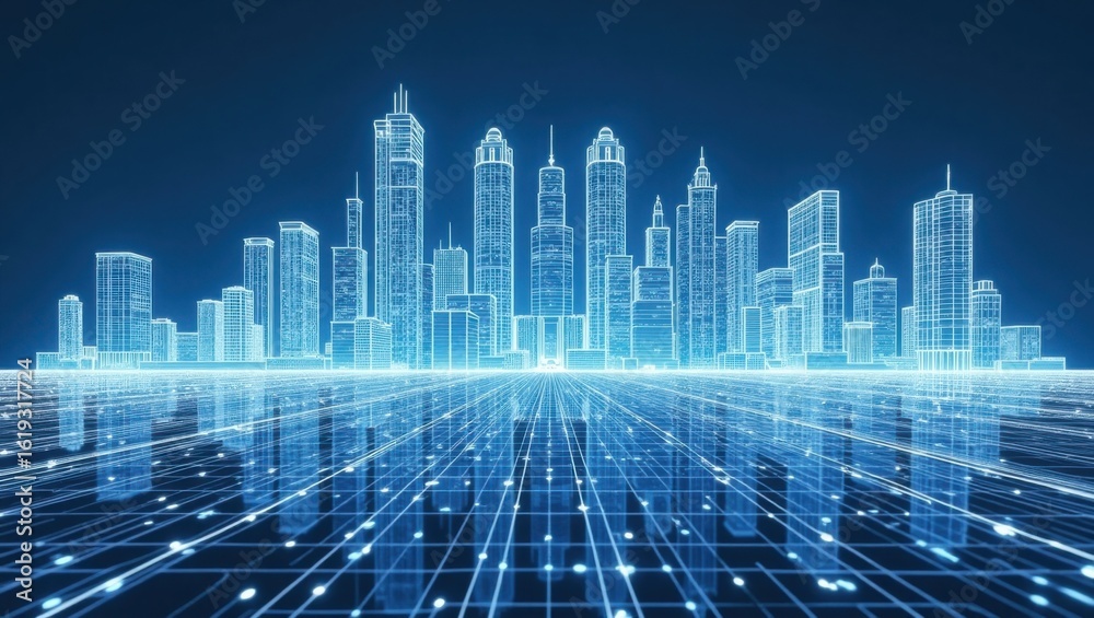 Fototapeta premium Futuristic Glowing Digital Cityscape with Neon Lights and Data Network Connections