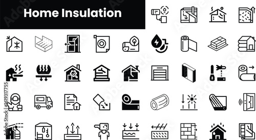 A collection of various home insulation icons, featuring heat retention, energy efficiency, and insulation materials in a clean, minimalist style.