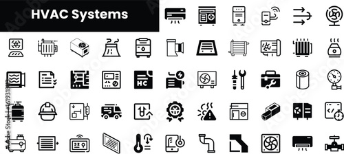 A comprehensive collection of HVAC system icons, featuring various heating, ventilation, and air conditioning devices in a clean, minimalist design.