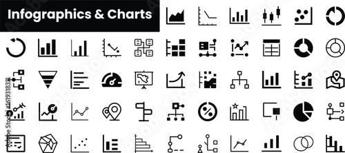 A collection of black and white infographics and charts, showcasing various data visualization styles including line graphs, pie charts, and network diagrams.