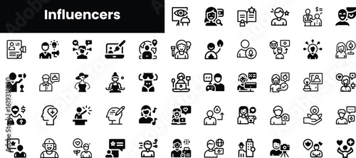 A diverse set of black and white icons representing influencers, showcasing various aspects of content creation, social media engagement, and online presence.