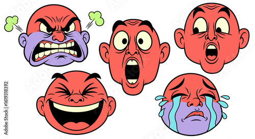 Cartoon heads displaying various intense emotions, including anger, fear, and joy.