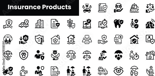 A diverse collection of black and white icons representing various insurance products, including health, home, and auto insurance.