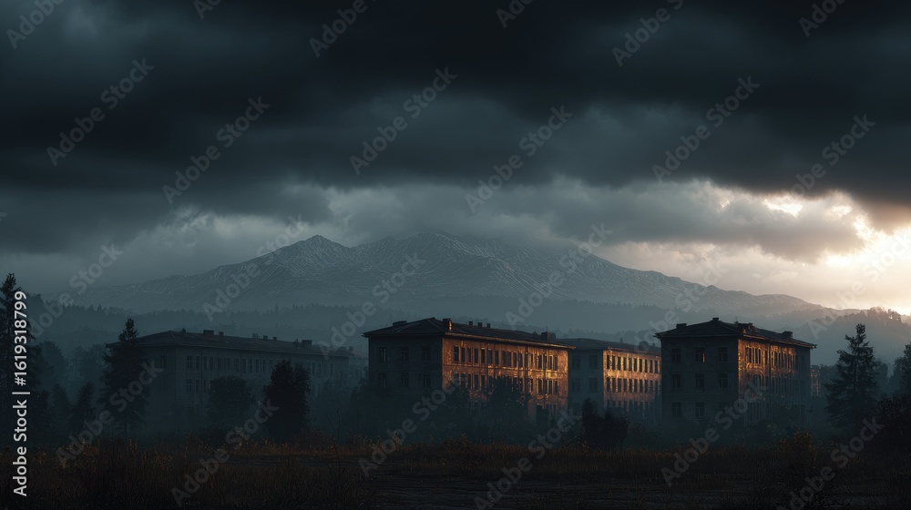 Obraz premium Abandoned buildings silhouetted against a mountainous landscape.