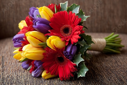 A vibrant display of red gerbera daisies, bright yellow tulips, and deep purple violets, combined with lush green ivy and fresh eucalyptus