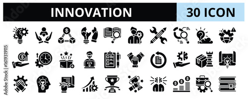 30 Innovation Glyph Icons Vector - innovation, adoption, modification, analysis, value, collaboration, idea, improvement, literature, development