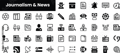 A collection of black and white icons representing various aspects of journalism and news, showcasing elements like reporting, broadcasting, and investigation.