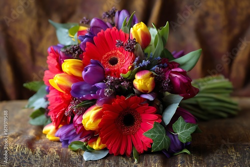 A vibrant display of red gerbera daisies, bright yellow tulips, and deep purple violets, combined with lush green ivy and fresh eucalyptus