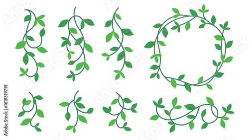 Green Vine Clipart Set – Cartoon Leaves and Curly Vines Vector Collection 2