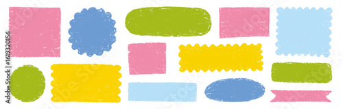 Doodle brush crayon shape frame set. Hand drawn paint box, circle border label, pastel text frame in rough chalk brush texture. Cute color scribble square, round shape background. Vector illustration