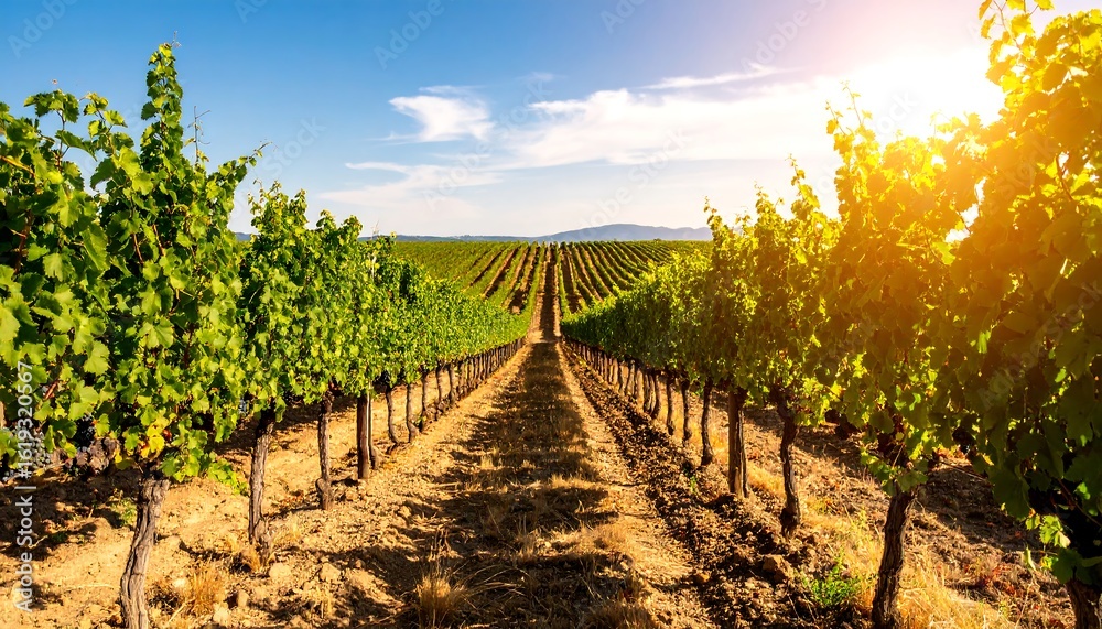 Fototapeta premium Scenic vineyard landscape with rows of grapevines under a bright sky and golden sunlight