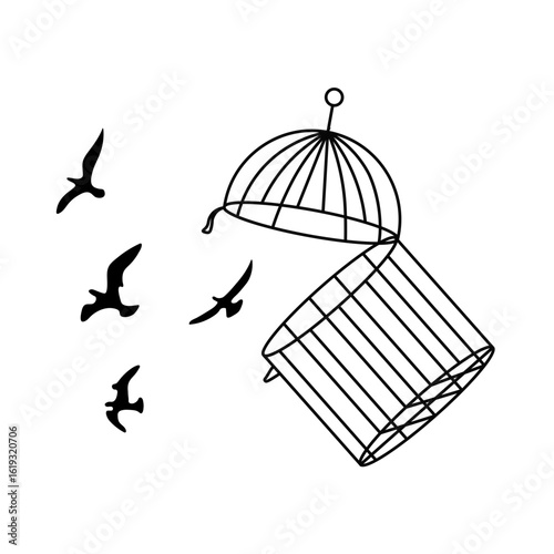 A minimalist line art illustration of bird silhouettes flying from an open cage, a vector graphic symbolizing freedom and release.