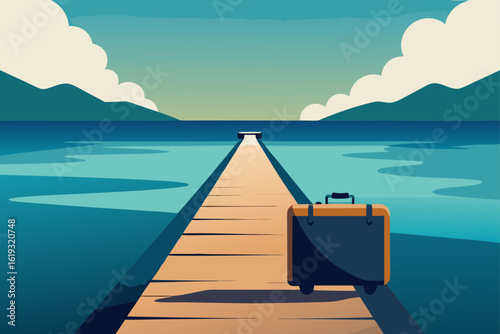A lone suitcase sits on a wooden pier extending into the calm ocean with palm trees in the background