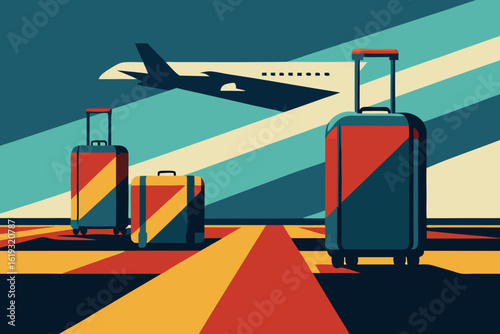 Stylized airport scene with luggage and airplane silhouette under a vibrant sky