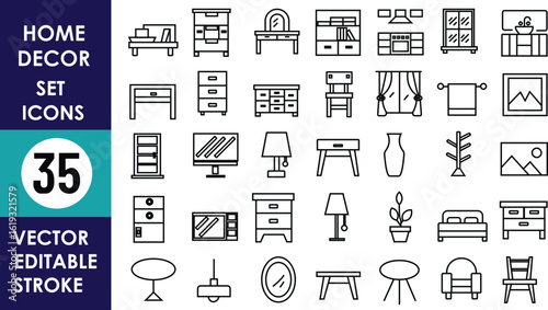 Set of 35 home decor line icons including furniture, lighting, mirrors, curtains, and plants. Perfect for interior design, architecture, and home styling projects