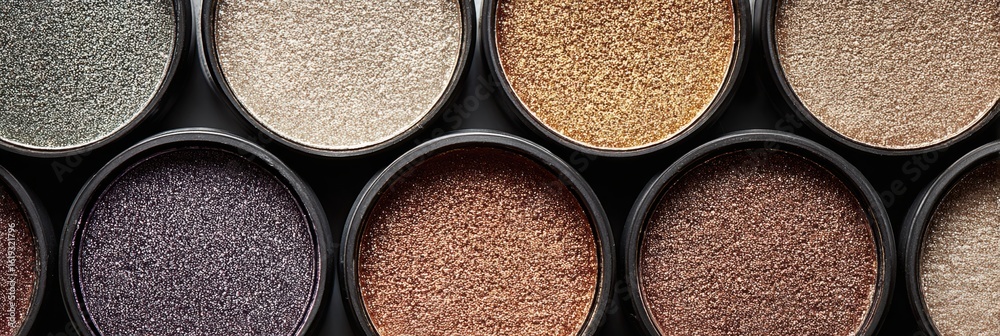 Fototapeta premium Collection of Shimmering Eyeshadow Pans Showcasing a Variety of Colors in Diffused Light With a Minimalistic Backdrop