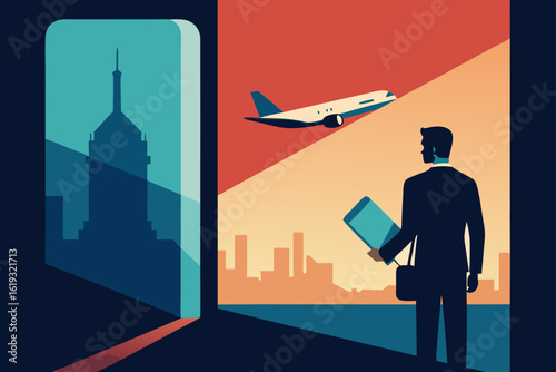 Man holding airplane ticket with city skyline view and airplane taking off in background