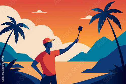 Man in tropical landscape takes a selfie with a selfie stick during sunset