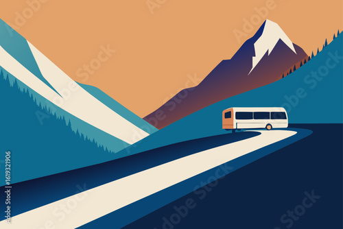 A white bus travels along a scenic road through a mountainous landscape with a lake