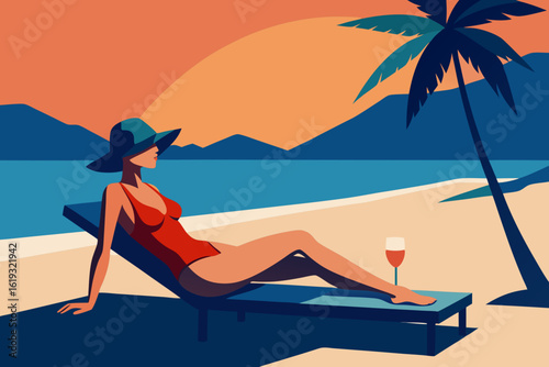 Stylish woman in a red swimsuit relaxes on a beach chair with a drink under a palm tree