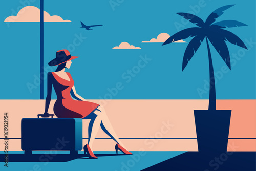 Stylish woman with suitcase anticipates travel under a tropical sunset sky