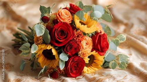 A warm combination of red roses, yellow sunflowers, and orange marigolds, complemented by green ivy and fresh eucalyptus.