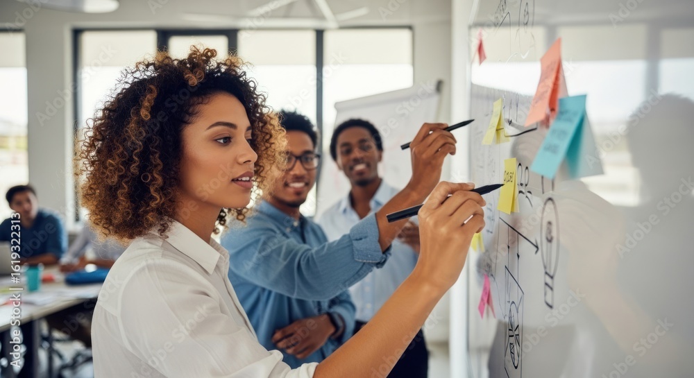 Fototapeta premium A diverse group of individuals engaged in a brainstorming session in a modern office setting.