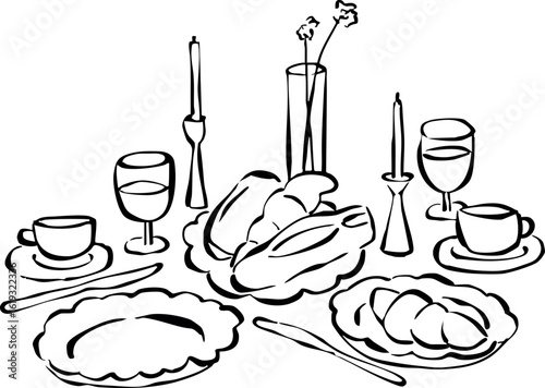 Mesa preparada dibujada a mano. Ilustración de una mesa con flores y comida para invitaciones, papelería o marca. Icono de brunch para una invitación a una fiesta.