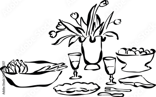 Mesa servida dibujada a mano. Ilustración de mesa con flores y comida para invitación, papelería o branding. Icono de cena para invitación de fiesta	
