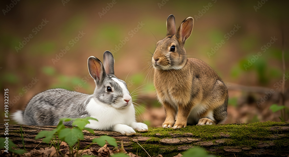 Fototapeta premium A pair of adorable rabbits, one grey and one brown, resting together on a moss-covered log in a tranquil forest setting
