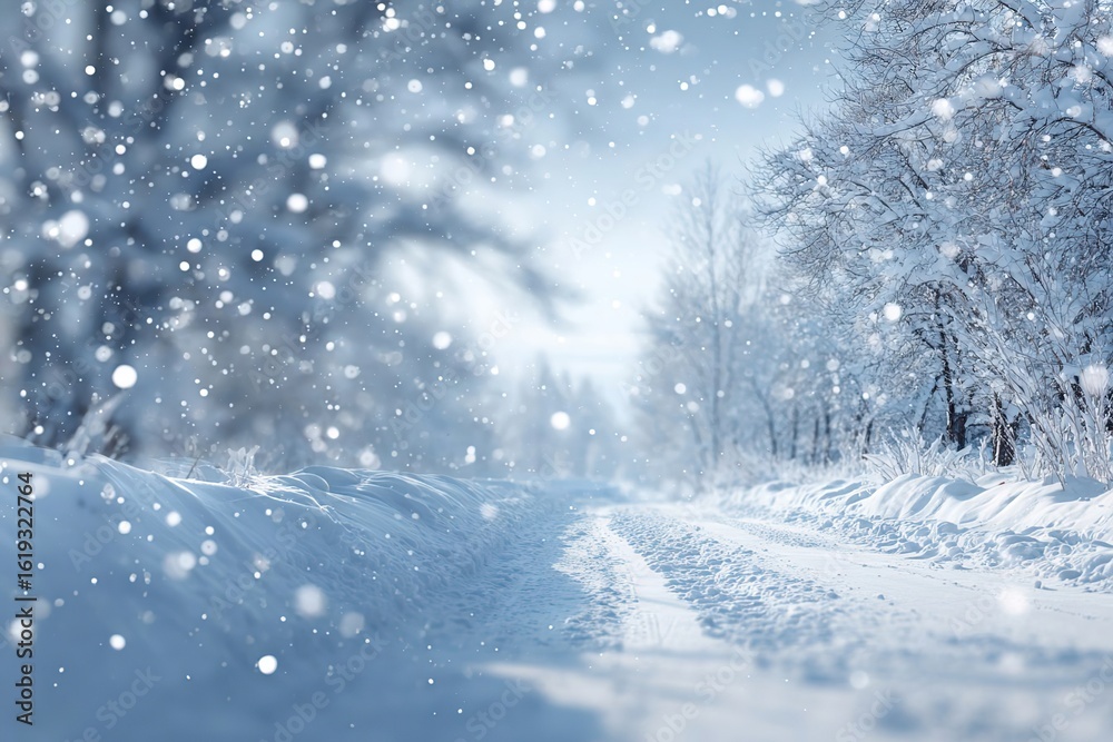 Naklejka premium A snowy landscape with falling snowflakes. Trees are covered in snow, creating a serene winter scene. The ground is blanketed in white snow.