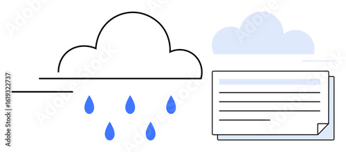 Cloud releasing blue droplets near a document stack, symbolizing cloud storage, data transfer, and online collaboration. Ideal for technology, communication, innovation, workplace, data management