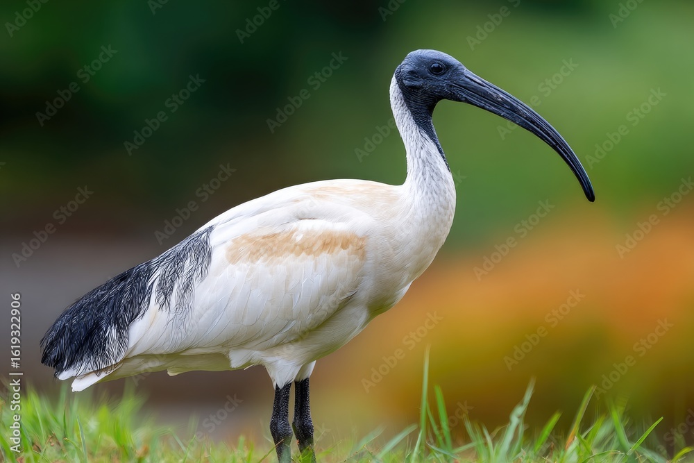 Fototapeta premium White ibis standing in tall grass.