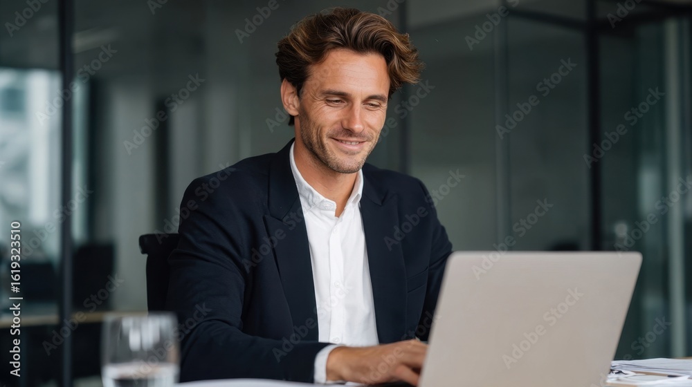 Fototapeta premium Productive business meeting young professional working on laptop in modern office environment