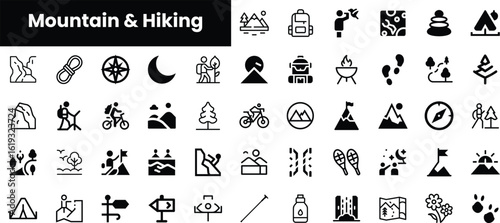 A collection of minimalist icons representing mountain and hiking themes, showcasing activities like climbing, biking, and camping in a monochromatic design.