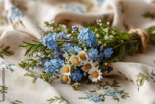 A whimsical arrangement of bright blue forget-me-nots, white daisies, and yellow primroses, intertwined with lush greenery like ivy and rosemary.