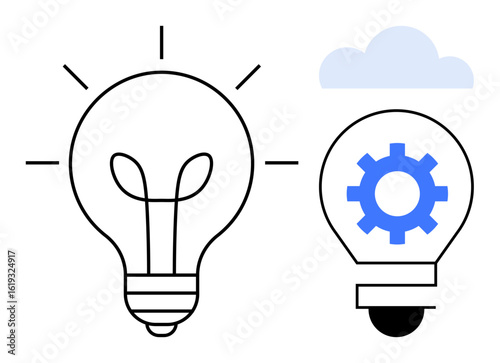 Two lightbulbs, one glowing and one with a blue gear inside, symbolizing creativity, innovation, and technology. Ideal for teamwork, innovation, digital solutions, problem-solving brainstorming