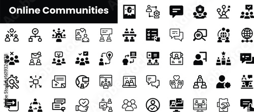 A collection of black and white icons representing online communities, showcasing communication, collaboration, and digital connections among diverse groups.