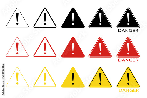 Set of danger triangle vector icon. Warning icon. Attention sign. report icon, error. Exclamation mark in triangle icon isolated on transparent background.	