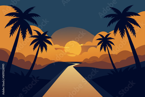 Serene tropical sunset with silhouetted palm trees and a winding road leading to the horizon