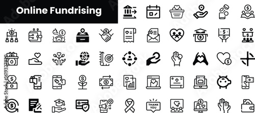 A collection of minimalist line icons representing online fundraising concepts, including donations, campaigns, and community engagement in a modern and clean design.