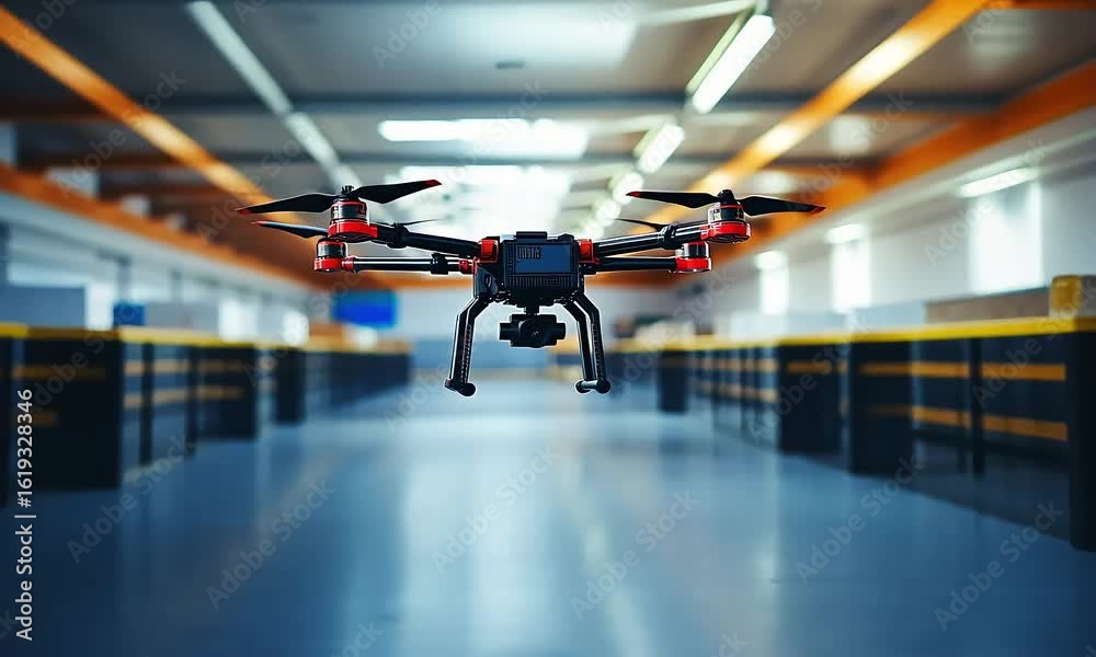 Drone hovers in a warehouse Drone hovers in a warehouse