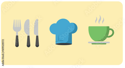 Flat vector illustration of a fork, two knives, a chef's hat, and a steaming cup of coffee or tea on a light yellow background.