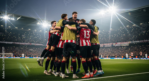 Victorious soccer team celebrates winning goal with ecstatic fans in packed stadium under bright lights