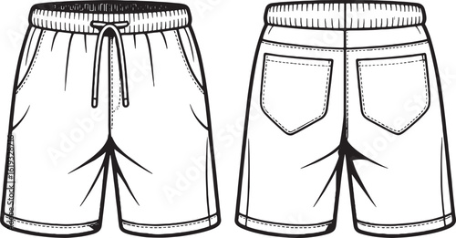 Black and white drawing of front and back view of shorts clothing apparel