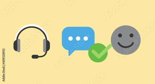 Illustration showing a headset, chat bubble, and smiley face connected by a green checkmark, representing customer service or support.