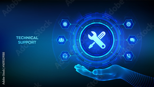 Technical support icon in wireframe hand. Customer help. Tech support. Customer service, Business and technology concept. Tech support assistance. 24 hours servises. 24-7 support. Vector illustration.