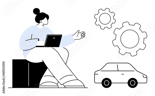 Woman seated with laptop extending hand, two gear icons, minimal car outline. Ideal for technology, innovation, automotive, engineering, education, teamwork consulting and a simple landing page