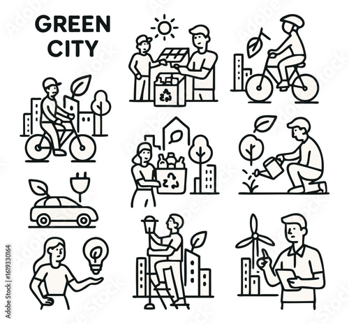 Line Art Illustrations Depicting a Sustainable and Eco-Friendly Green City Lifestyle