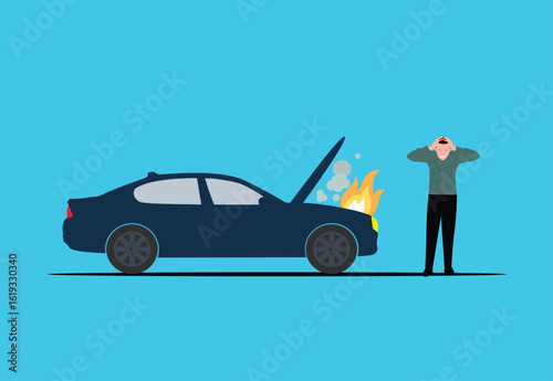 Frustrated man stands by broken down car with open hood and smoke